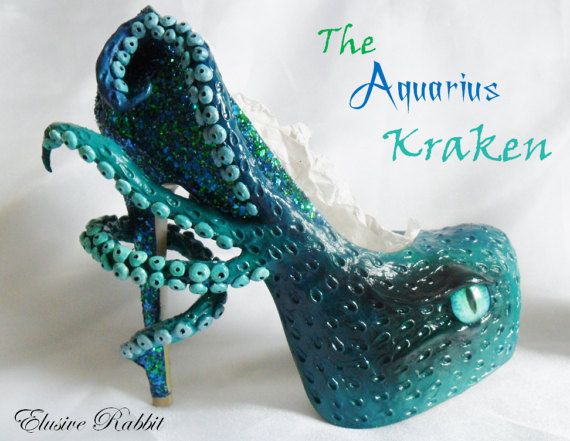 The Aquarius Kraken Heels Custom Hand Sculpt Paint Shoe Size 3 Octopus Shoes, Hand Painted Heels, Mermaid Heels, Weird Shoes, Whimsical Shoes, Mermaid Shoes, Custom Heels, Octopus Squid, The Aquarius