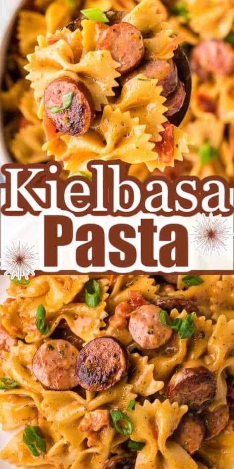 Bowtie pasta covered in a sauce with slices of kielbasa sausage. Smoked Sausage And Bow Tie Pasta, Kielbasa And Bowtie Pasta, Kielbasa Bowtie Pasta, Bow Tie Pasta And Sausage, Kielbasa Sausage Recipes Pasta, Kielbasa And Bow Tie Pasta, Bow Tie Pasta And Sausage Recipes, Bow Tie Sausage Pasta Recipes, Bow Tie Sausage Pasta