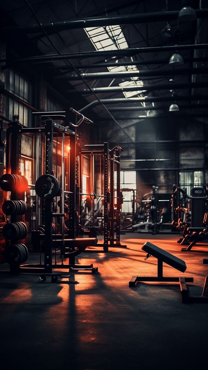 an empty gym with lots of equipment in the middle of it and sunlight coming through the windows