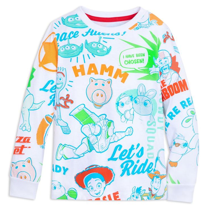 ''I have been chosen!'' The Space Alien isn't the only happy-looking character on this colorful Toy Story long sleeve tee. There's Woody, Buzz Lightyear, Hamm, Forky and more of their favorite pals rounding out the fun on this adorable top that's sure to inspire them to cheer, ''Let's Ride!'' Disney Long Sleeve Top With Cartoon Print, Long Sleeve T-shirt With Character Print For Disney Events, Themed Long Sleeve Top With Cartoon Print, Themed Long Sleeve Tops With Cartoon Print, Disney Long Sleeve Top With Graphic Print, Fun Long Sleeve T-shirt With Cartoon Print, Disney Long Sleeve T-shirt With Letter Print, Disney Long Sleeve Letter Print T-shirt, Themed Long Sleeve Tops With Graphic Print