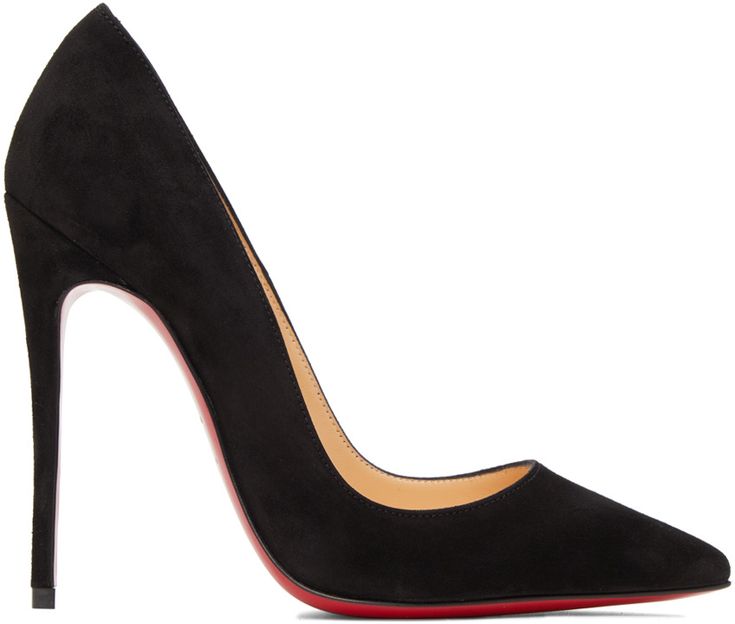 Calfskin suede heels in black. · Pointed toe · Gold-tone logo stamp at beige buffed leather footbed · Covered stiletto heel · Signature red leather sole · Heel: H4.5 in Supplier color: Black | Christian Louboutin Black Suede So Kate 120 Heels Luxury Suede Heels With Sculpted Heel, Luxury Suede Heels For Work, Designer Suede Heels For Office, Sleek Heels With Red Sole In Calf Leather, Sleek Calf Leather Heels With Red Sole, Designer Suede Heels For Work, Suede Heels With Red Sole, Closed Toe, Suede Closed Toe Heels With Red Sole, Suede High Heels With Red Sole