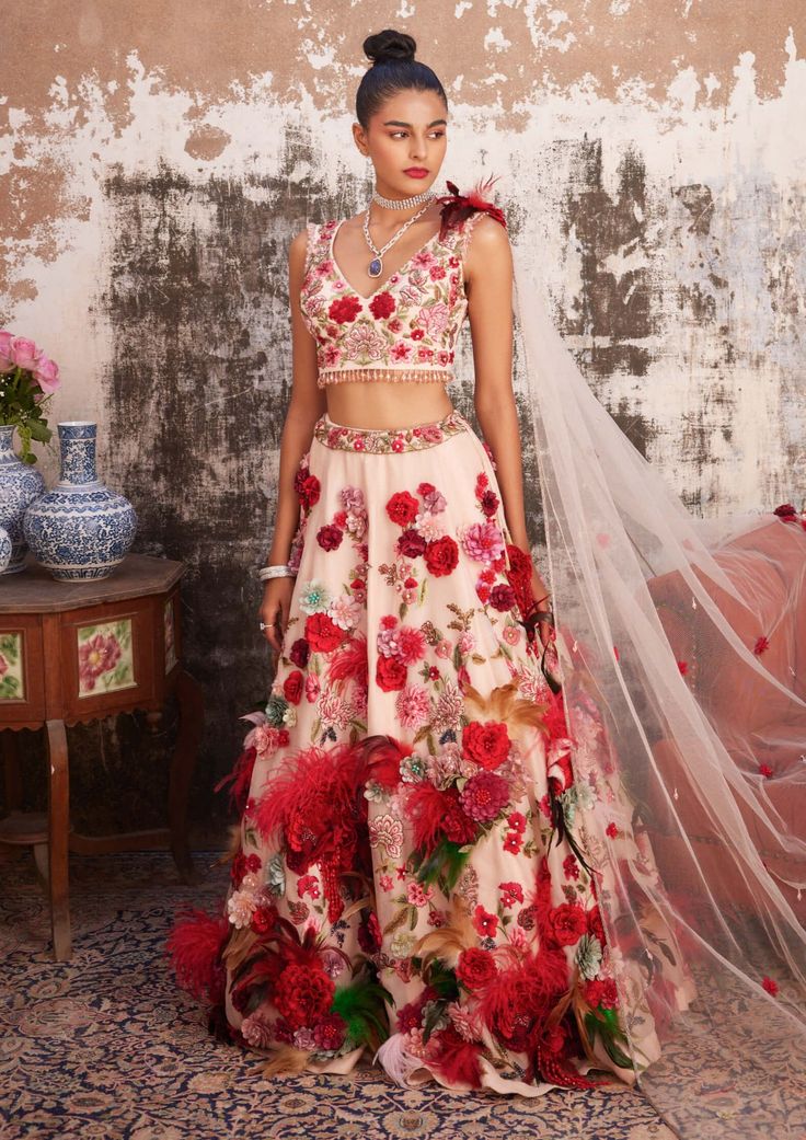 Varun Bahl-Light Salmon Pink Corsage Lehenga Set-INDIASPOPUP.COM 3d Floral Lehenga, Red Floral Lehenga, Floral Organza Lehenga, Pink Corsage, Varun Bahl, Floral Lehenga, Green Lehenga, Flowers Dress, Light Salmon