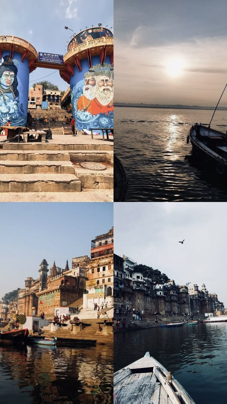 four different pictures with boats in the water and buildings on the other side of the lake