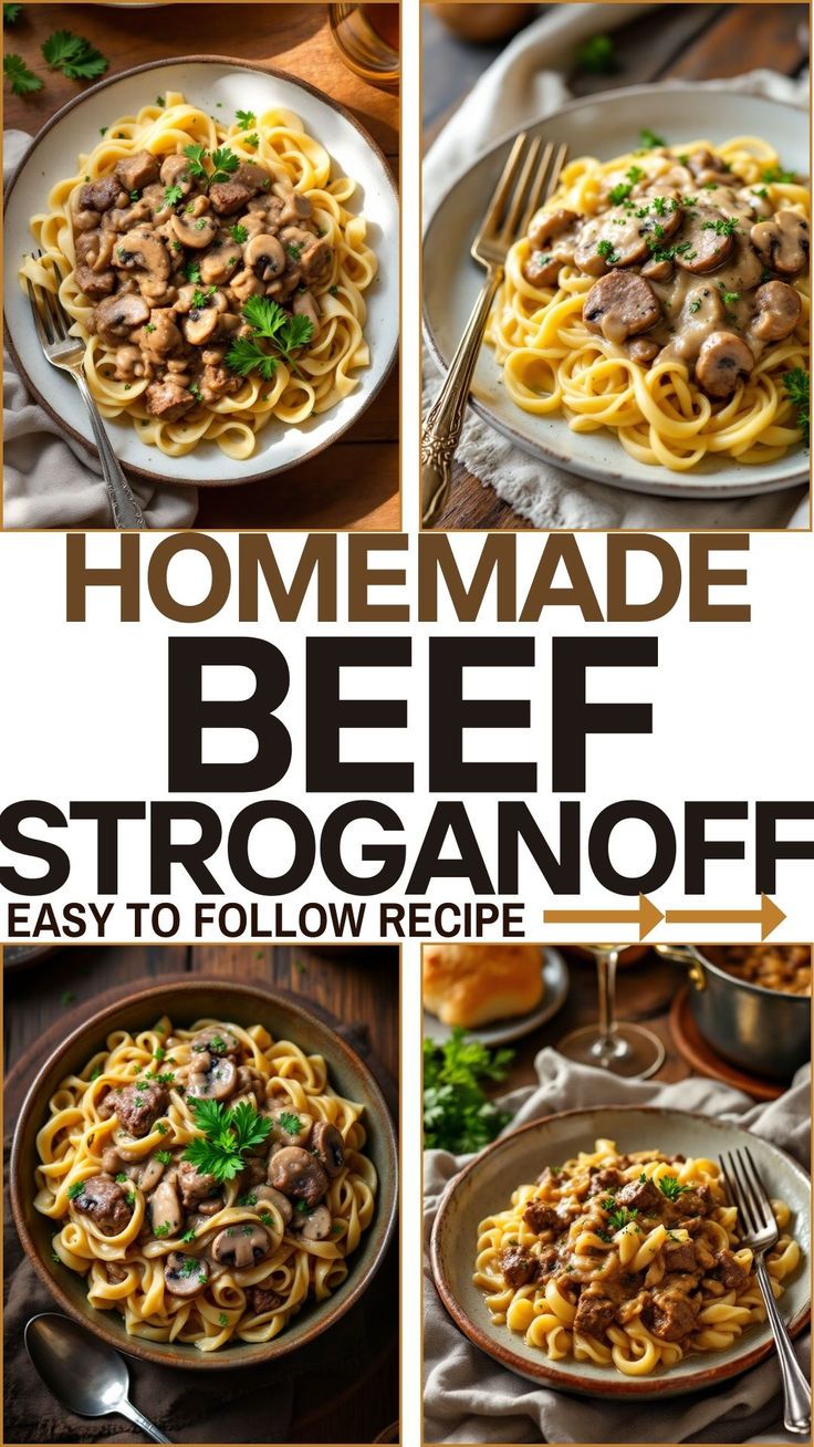 the recipe for homemade beef stroganonoff is shown in four different pictures