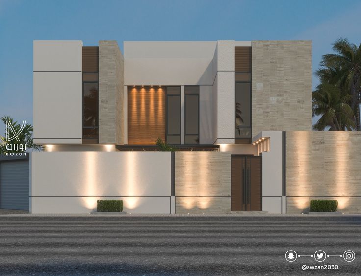 an architectural rendering of a modern house with lights on the front and side windows, along with palm trees