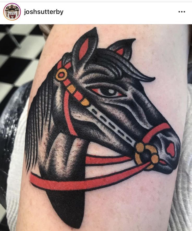 a black and white horse with a red ribbon around it's neck is shown