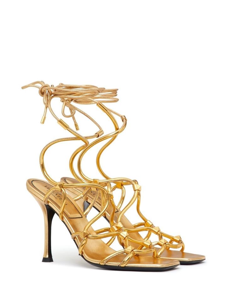 Valentino Heels, Tone Calves, Heels Gold, Net Lace, Open Toe High Heels, Valentino Rockstud, Lace Up Sandals, Pumps Flat, Artificial Leather