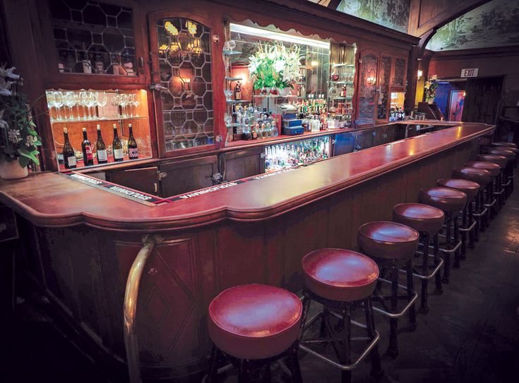 a bar with several stools in front of it