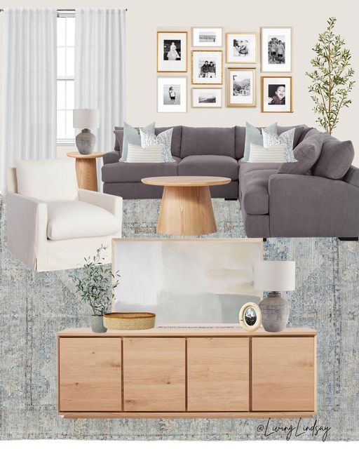 a living room filled with furniture and pictures on the wall