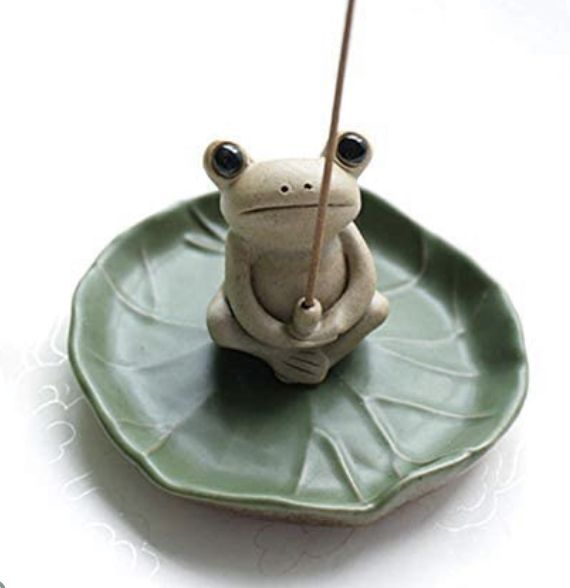 a frog sitting on top of a green leaf with an umbrella in it's mouth