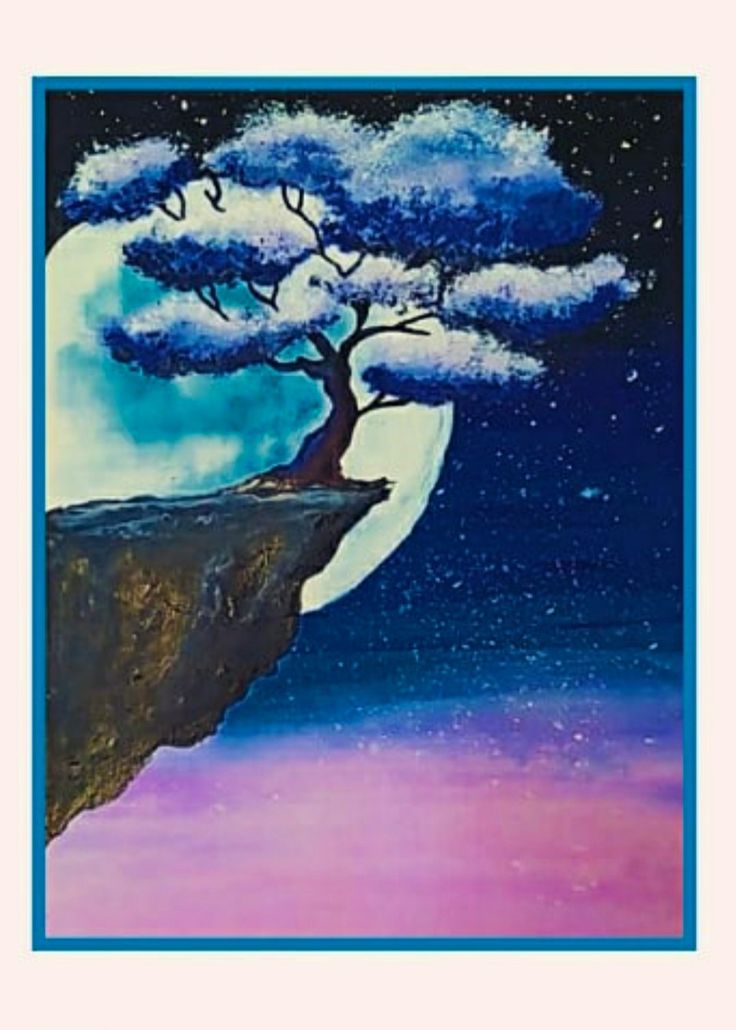 a painting of a tree sitting on top of a cliff with the moon in the background