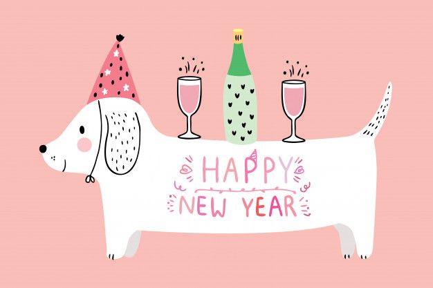 happy new year greeting card with cute dog and champagne glasses on pink background, hand drawn illustration