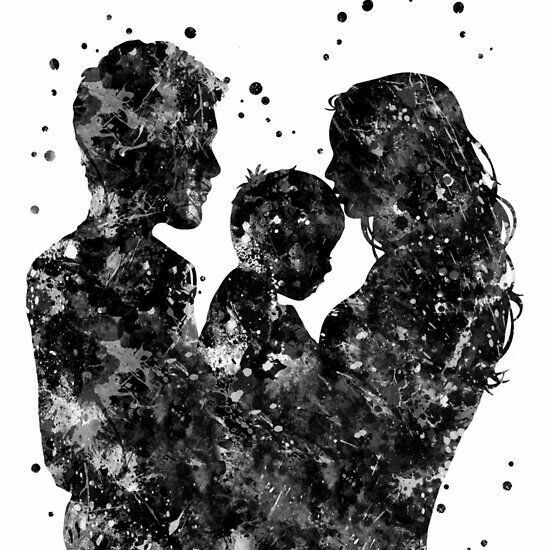 the silhouette of a man and woman holding a child in their arms, with watercolor splash