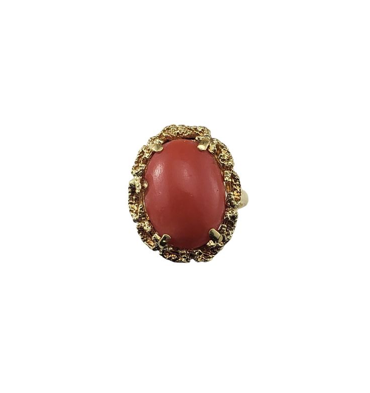 14 Karat Yellow Gold Coral Ring Size 7.25 This stunning ring features one oval coral stone set in beautifully detailed 14K yellow gold.   Top of ring measures 21 mm x 17 mm.  Shank: 1.5 mm. Ring Size: 7.25 Stamped: 14K GAJ Weight: 4.3 dwt./ 6.7 gr. Very good condition, professionally polished. Will come packaged in a gift box or pouch (when possible) and will be shipped U.S. Priority Mail Insured. JAGI ID 3/19/24 DV04082417KCS Coral Ring, Coral Stone, Gold Top, Orange Gold, Ring Size 7, Stone Settings, Womens Jewelry Rings, Estate Jewelry, Rings Statement