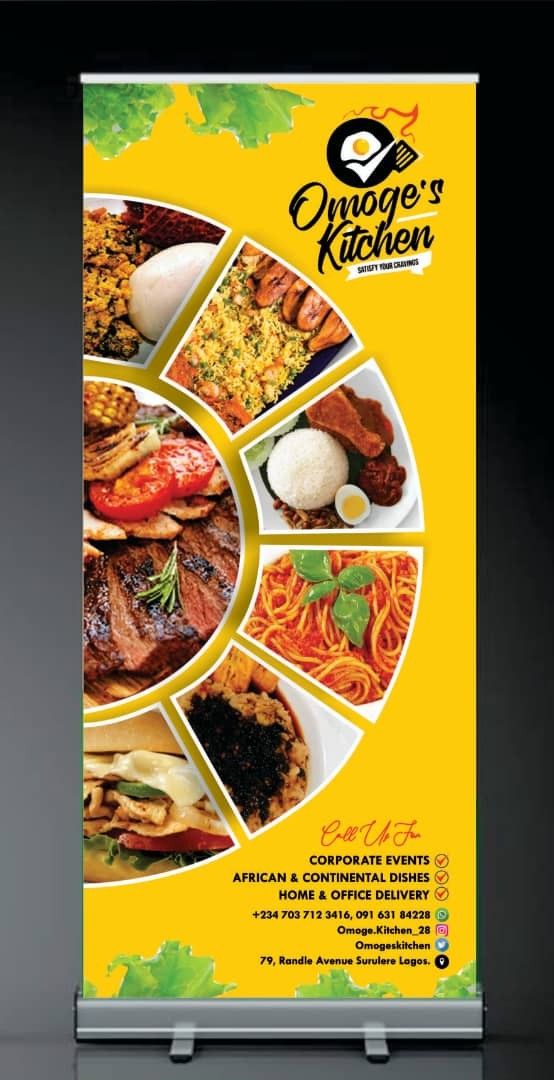 a yellow and black restaurant sign with images of different food items in the middle of it