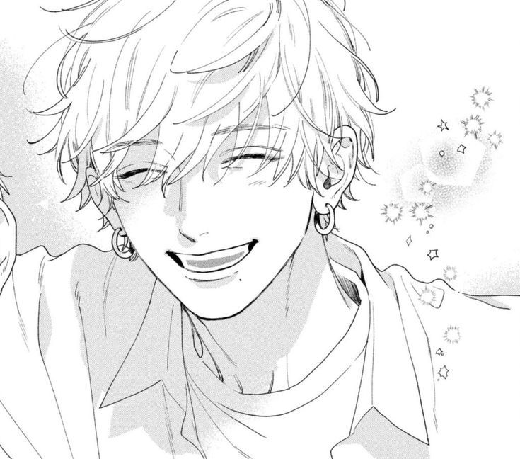 an anime character with short hair and piercings on his ears, smiling at the camera