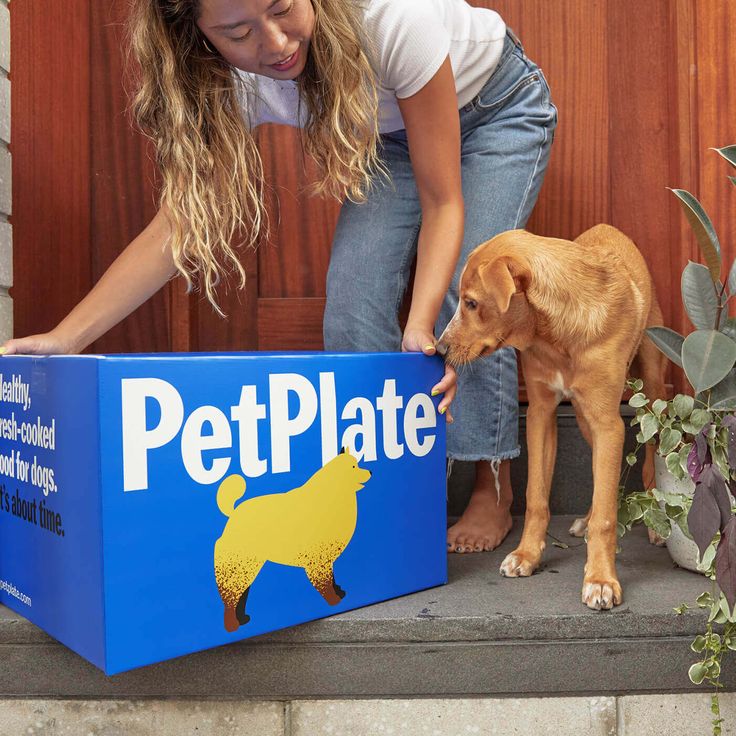 a woman is petting a small dog in front of a box that says petplate