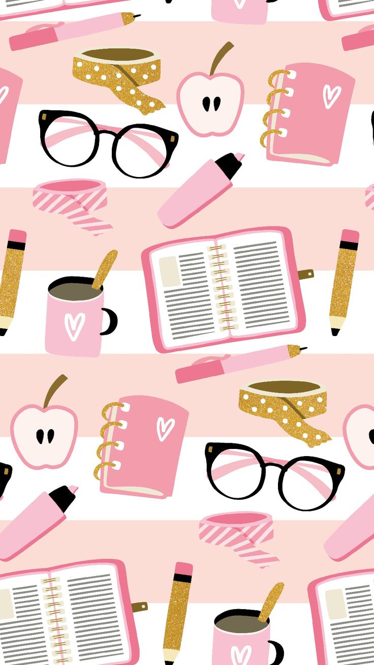 a pink background with books, glasses and other items