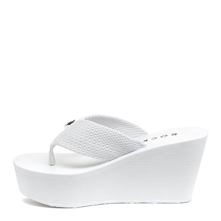 Who doesn't need a wear with anything white platform flip flop? Take your look to the next level with this 3 inch platform and the soft webbing straps will keep you comfortable from day to night. Your go-to wedge for effortless style all season long! 🌼☀️ Style: Rocket Dog Women's Platform Flip Flop Platform Type: Wedge style platform Straps: White webbing straps Platform Bottom: EVA platform for extra comfort Platform Height: 3 inches White Eva Wedge Sandals For Summer, White Summer Wedge Sandals, White Wedge Heel Sandals In Eva, White Eva Sandals For Vacation, White Eva Wedge Heel Sandals, White Wedge Sandals With Textured Footbed, White Synthetic Sandals For Beach Season, White Platform Casual Flip Flops, White Casual Platform Flip Flops