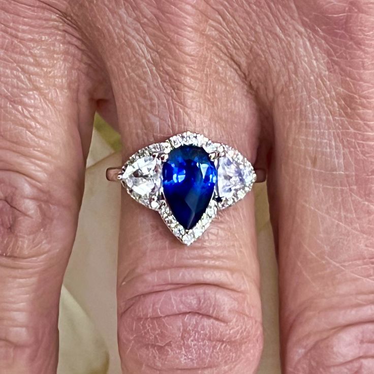 Natural Sapphire Diamond Ring Size 6.5 14k W Gold 2.78 TCW Certified $5,975 219221 Pear-shaped Cubic Zirconia Anniversary Rings, Cubic Zirconia Sapphire Ring For Proposal, Cubic Zirconia Sapphire Proposal Ring, Fine Jewelry Cubic Zirconia Sapphire Ring For Proposal, Sapphire Ring With Halo Setting For Proposal, Sterling Silver Pear-shaped Ring With Halo Setting, Luxury Pear-shaped Cluster Ring For Anniversary, Heart Cut Sapphire Ring With Diamond For Wedding, Heart Cut Sapphire And Diamond Wedding Ring