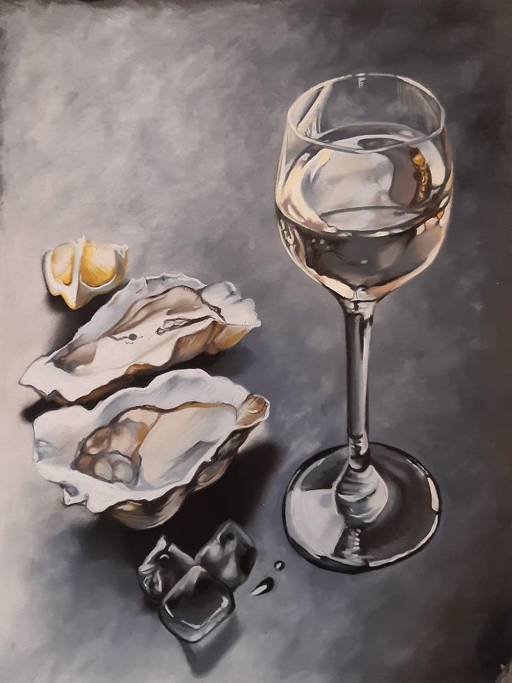 a painting of a glass of wine next to oysters on a gray tablecloth