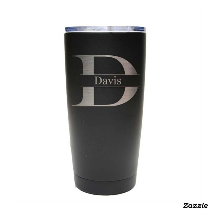 a black tumbler cup with the letter d on it