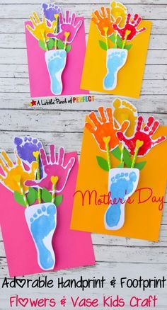 four handprint cards with flowers and footprints on them for mother's day or father's day