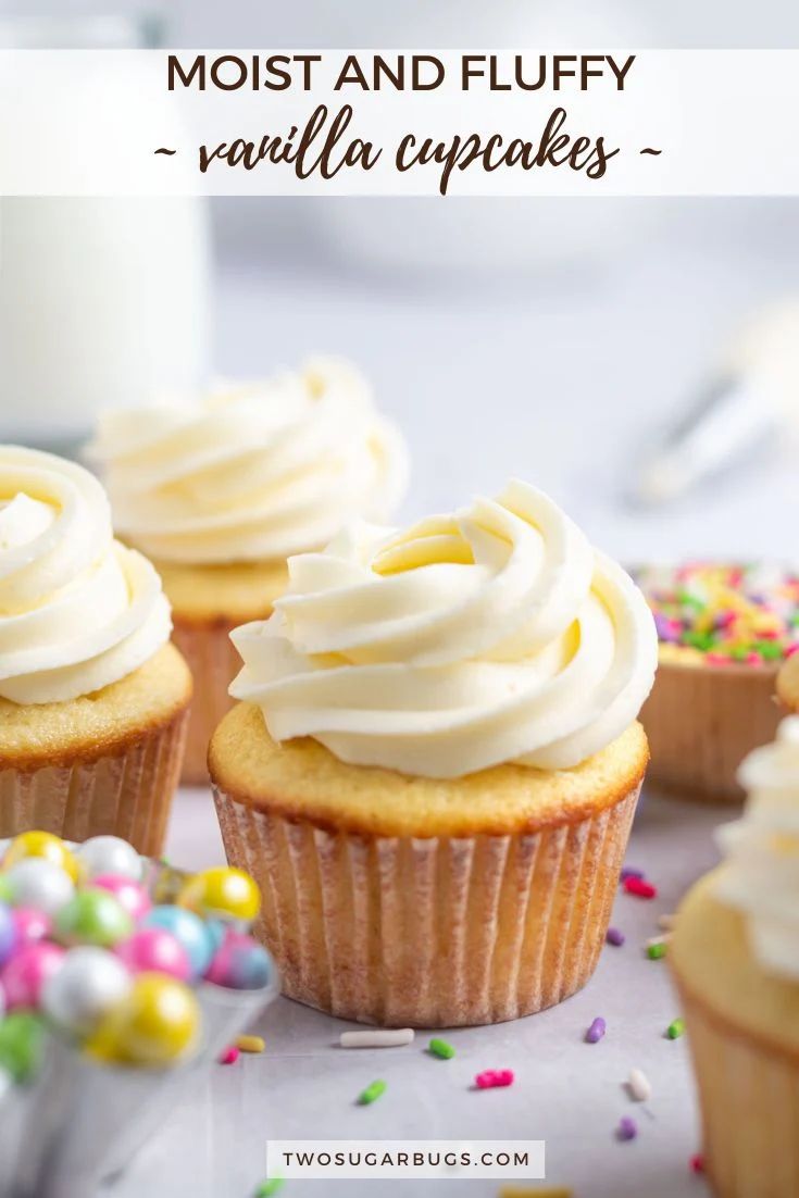 vanilla cupcakes with frosting and sprinkles