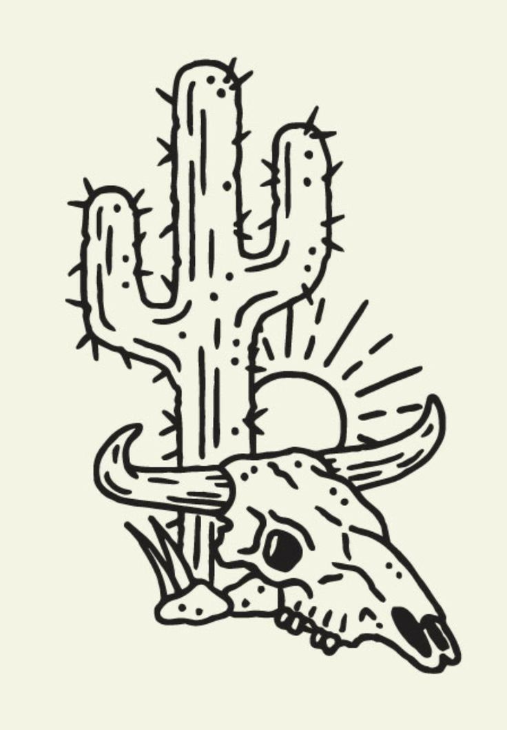 a black and white drawing of a cactus with a bull's head on it