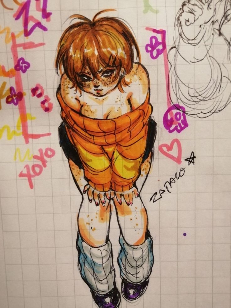 a drawing of a girl with her arms wrapped around herself