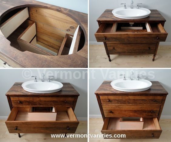 four different views of a bathroom sink with drawers in the bottom, and an open drawer below