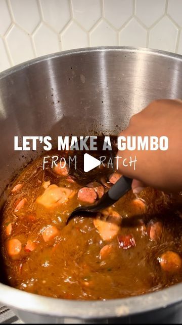 someone is stirring up some food in a large metal bowl with the words, let's make a gumbo from scratch