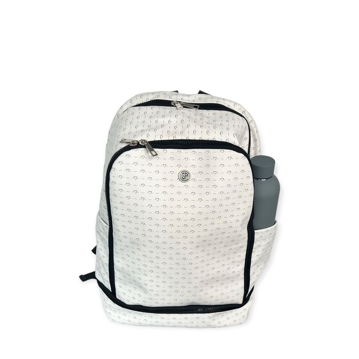 The GP Game-on backpack was designed for pickleball, tennis, and lifestyle. The game-on backpack is the perfect size to carry anywhere, the court, the gym, travel, etc. Our backpack comes GP keychain. Feel confident by staying organized and having everything you need from each pocket. Features Exterior Made of soft, durable, and waterproof PU leather Soft opening and high-quality hardware. Bottom shoe compartment. Up to size 12. Fits up to 4 paddles and 2 rackets. Interior Laptop padded compartm White Sports Bag For Back To School, Sporty White Backpack For Daily Use, White Sports Backpack For Back To School, White Backpack For Back To School And Outdoor Activities, White Backpack For Outdoor Activities And School, Sporty Everyday White Backpack, Sporty White Backpack For Everyday Use, White Backpack For Outdoor Activities, White Backpack With Cell Phone Pocket