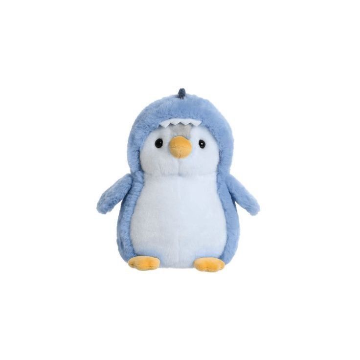 a small stuffed penguin with a blue hat on it's head and yellow feet