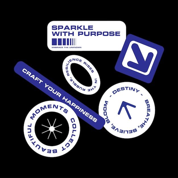 several stickers on the side of a black background that says sparkle with purpose craft your happiness