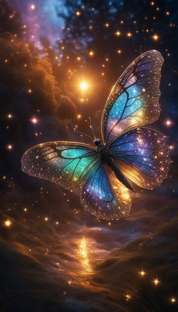 a blue butterfly flying through the air with stars in the sky behind it on a dark background