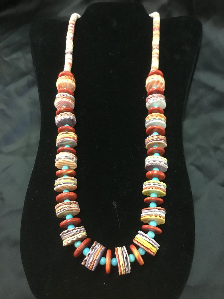 "A beautiful necklace with spiny oyster in orange, yellow and purple, divide with turquoise beads. Measures 30\" long , very colorful." Oyster Necklace, Horse Hair Pottery, Navajo Pottery, Navajo Earrings, Wedding Vases, Sewing Buttons, Crafting Materials, Spiny Oyster, Pottery Pieces