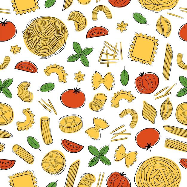 a bunch of different types of pasta on a white background with orange and yellow colors