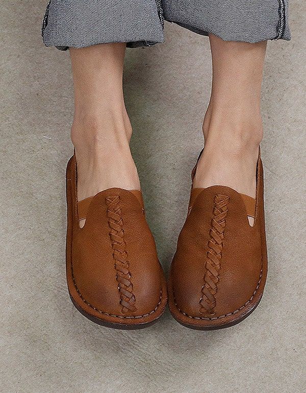 Item Type: Flat Shoes 
 Gender: Women 
 Main Material: Cowhide 
 Heel Type: Flat 
 Upper Material: Cow Leather 
 Heel Height: Low (1-2cm) 
 Closure Type: Slip-on 
 Color: Brown, Coffee 
 Size: 35-40 Casual Leather Flats With Woven Sole, Casual Leather Shoes With Woven Sole And Flat Heel, Leather Flats With Woven Sole And Round Toe, Casual Leather Shoes With Woven Sole, Casual Leather Shoes With Woven Sole And Round Toe, Brown Flats With Woven Sole, Brown Leather Shoes With Woven Sole And Round Toe, Brown Slip-on Flats With Woven Sole, Earthing Shoes