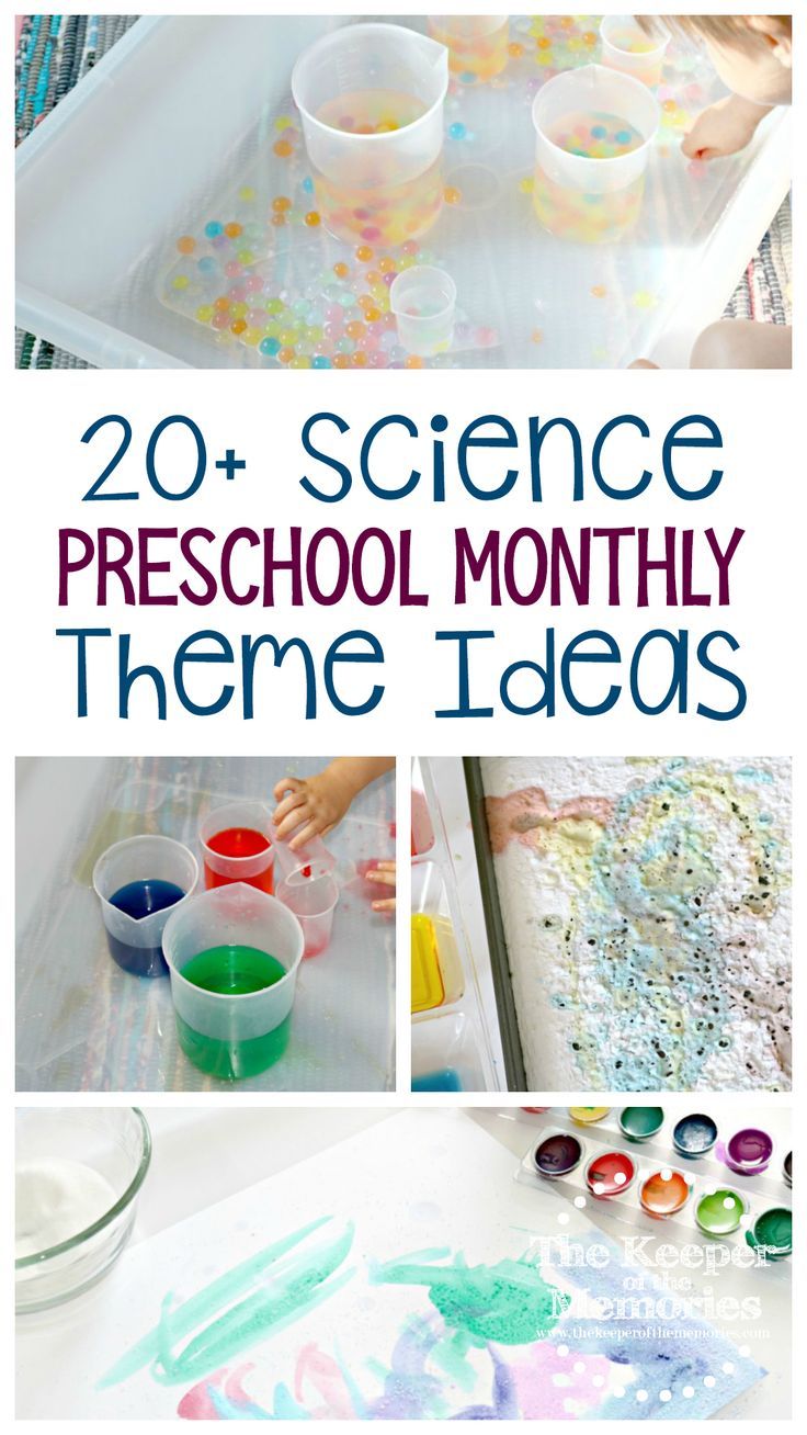 the words 20 science preschool month themes with pictures of paints and paper plates on them