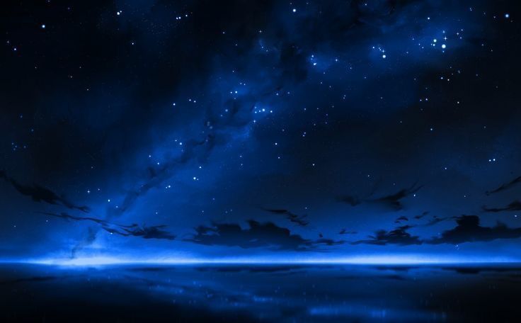 the night sky is filled with stars and bright blue lights, as well as clouds