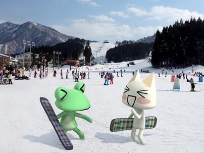 two cartoon figures are standing in the snow, one is holding a snowboard and the other has a cat