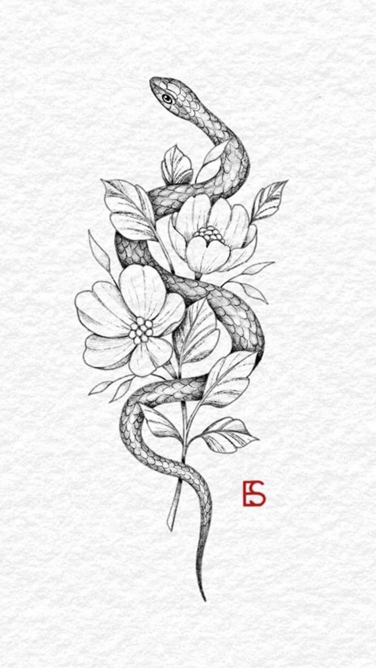 a drawing of a snake and flowers