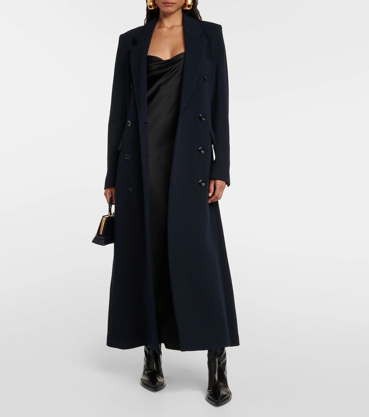 Double Breasted Coat in Blue - Dorothee Schumacher | Mytheresa Elegant Double-breasted Outerwear For Fall, Evening Wool Coat With Lapel Collar For Fall, Timeless Structured Evening Outerwear, Elegant Formal Outerwear For Fall, Elegant Formal Fall Outerwear, Formal Double-breasted Fall Pea Coat, Tailored Wool Coat For Evening In Fall, Luxury Blazer Dress For Evening In Fall, Luxury Fall Evening Blazer Dress