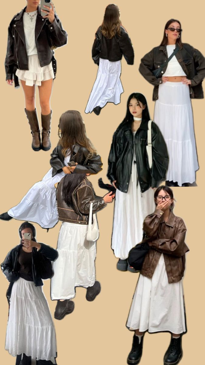 white maxi skirt fall outfit boots and leather jacket autumn girly tomboy brown or black boots and coat Brown Leather Skirt Outfit Fall, Maxi Skirt Fall Outfit, Long Skirt Fall Outfits, Brown Boots Outfit Fall, Leather Skirt Outfit Fall, Fall Outfit Boots, Brown Leather Skirt Outfit, Long Skirt Fall, White Maxi Skirt Outfit