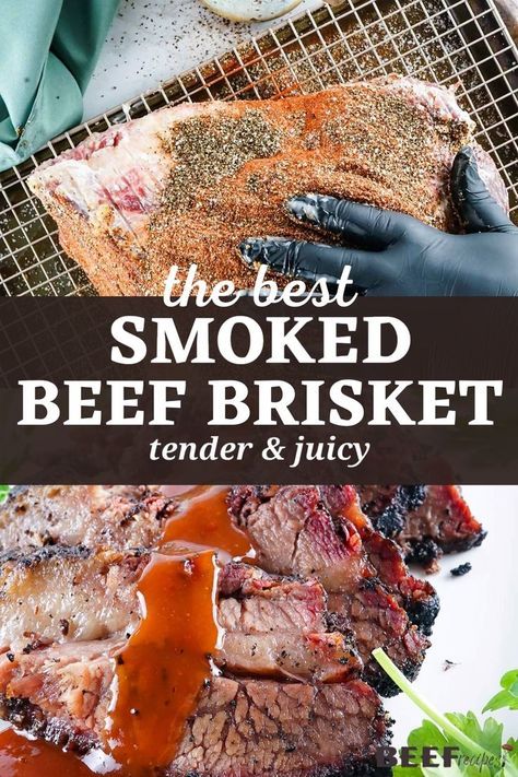 the best smoked beef brisket tender and juicy is served on a plate with sauce