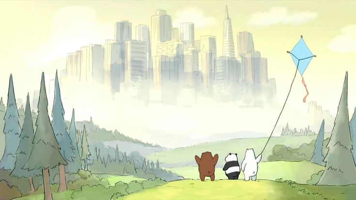 two bears are flying a kite in front of a cityscape with tall buildings