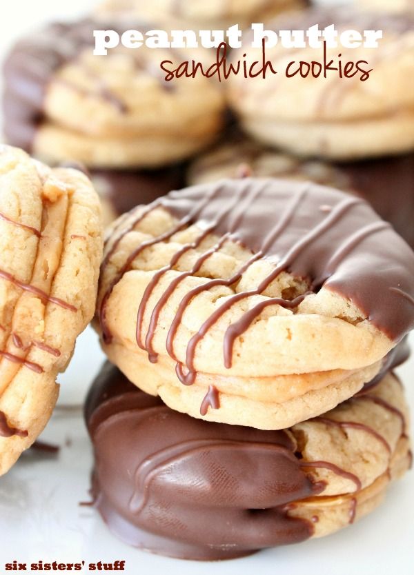 chocolate covered peanut butter sandwich cookies stacked on top of each other with text overlay