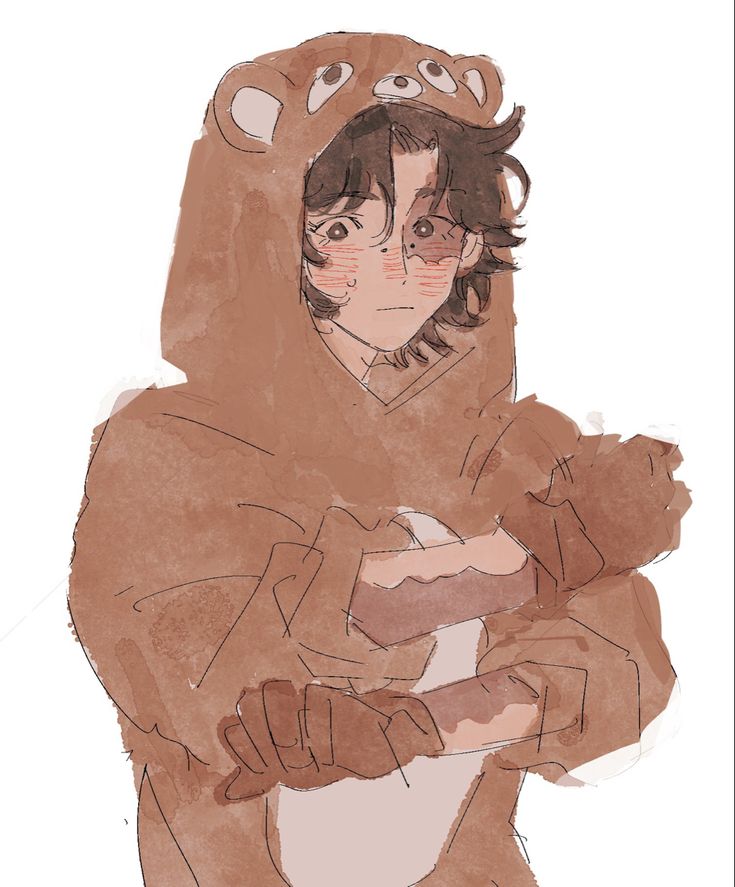 a drawing of a man in a bear costume holding a teddy bear with his arms crossed