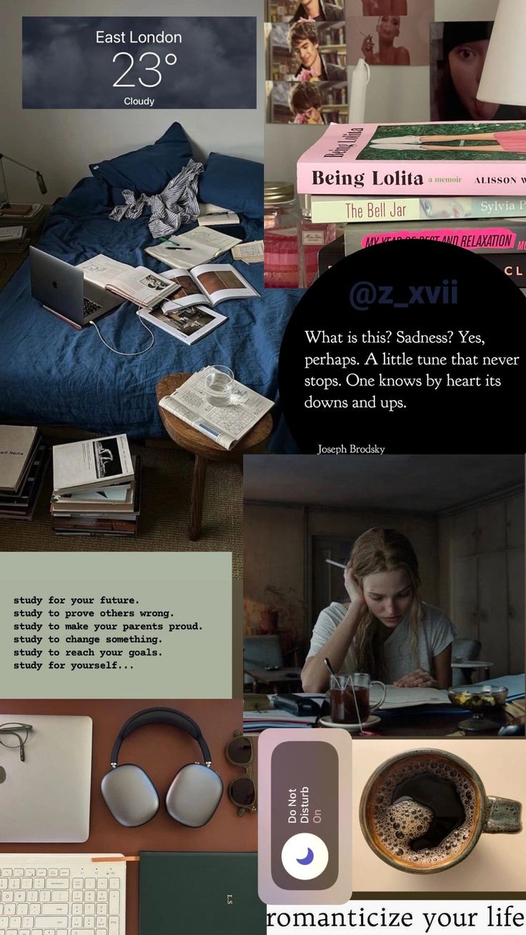 a collage of photos with books and headphones